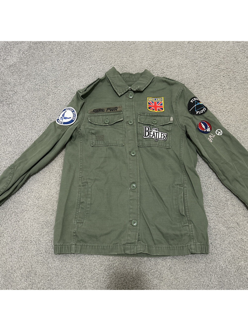 H&M Girl Power You Got This Button Front Shirt Jacket Army Green Size 12-13Y